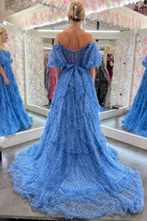 Blue A Line Corset Long Tulle Floral Prom Dress with Ruffles